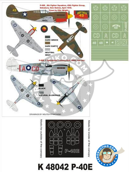 Curtiss P-40 Warhawk E | Máscaras en escala 1/48 fabricado por Montex Mask (ref. K48042) image