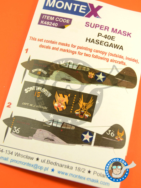 Curtiss P-40 Warhawk E | Máscaras en escala 1/48 fabricado por Montex Mask (ref. K48240) image