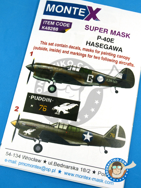Curtiss P-40 Warhawk E | Máscaras en escala 1/48 fabricado por Montex Mask (ref. K48288) image