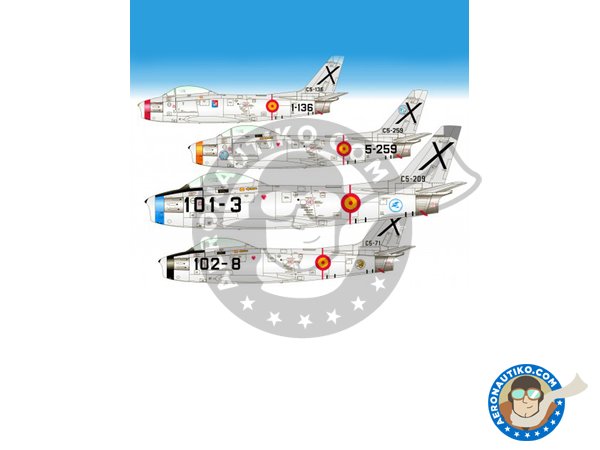 Image 1: Markings for F-86 Sabre Spanish Air Force | in 1/72 scale manufactured by Series Españolas (ref. SE672) Image 1: Markings for F-86 Sabre Spanish Air Force | in 1/72 scale manufactured by Series Españolas (ref. SE672)