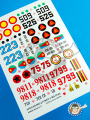 Berna Decals: Marking / livery 1/72 scale - Mikoyan-Gurevich MiG-21 Fishbed bis - Força Aérea da Guine Bissau (GW0); Congolese Air Force (BE0); Force Aérienne Congolaise FAC (CG0); Forças Armadas de Defesa de Moçambique FADM (MZ0); Uganda Peoples Defence Force UPDF Air Force (UG0); Eritrean Air Force ERAF (ER0) - African Air Force 1988, 1991, 1992, 1997, 1999 and 2007 - water slide decals and placement instructions - for all kits image