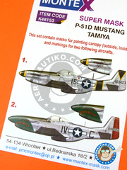 Montex Mask: Máscaras escala 1/48 - North American P-51 Mustang D - USAF (US7); Hawaiian Islands. (US7) 1945 - máscaras de pintura e instrucciones de pintado - para kits de Tamiya image