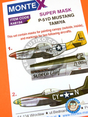 Montex Mask: Máscaras escala 1/48 - North American P-51 Mustang D - USAF (US7); Madna, Italy, June 1944 (US7) 1944 - máscaras de pintura, calcas de agua e instrucciones de pintado - para kits de Tamiya image