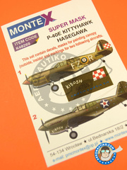 Montex Mask: Máscaras escala 1/48 - Curtiss P-40 Warhawk E - Libya, March 1942 (GB3); Philippines, March 1942 (US4) 1943 - máscaras de pintura, instrucciones de colocación e instrucciones de pintado - para kits de Hasegawa image