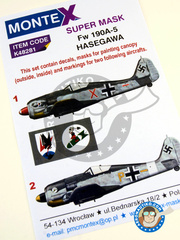 Montex Mask: Masks 1/48 scale - Focke-Wulf Fw 190 Würger A-5 - November 1943 (DE2); Tunisia, April 1943 (DE2) - Luftwaffe 1943 - paint masks, water slide decals, placement instructions and painting instructions - for Hasegawa kits image