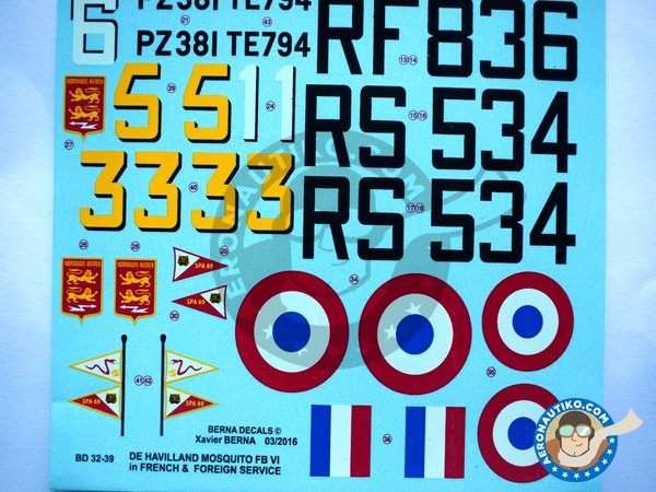 Image 1: De Havilland Mosquito FB Mk VI. Marking set. |  in 1/32 scale manufactured by Berna Decals (ref. BD32-39)