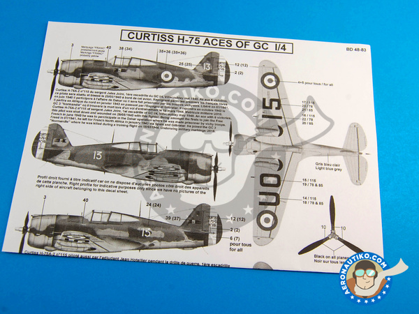 Image 5: Curtiss H-75 Hawk Aces of GC I/4 French Service |  en escala 1/48 fabricado por Berna Decals (ref. BD48-83)