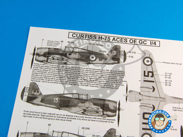 Image 6: Curtiss H-75 Hawk Aces of GC I/4 French Service |  en escala 1/48 fabricado por Berna Decals (ref. BD48-83)