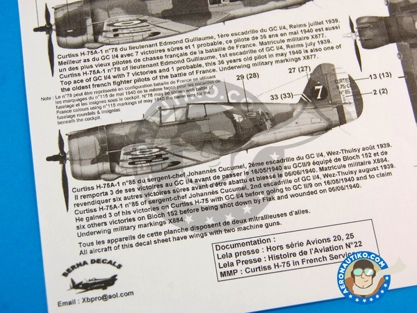 Image 11: Curtiss H-75 Hawk Aces of GC I/4 French Service |  en escala 1/48 fabricado por Berna Decals (ref. BD48-83)