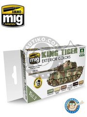 <a href="https://www.aeronautiko.com/product_info.php?products_id=51370">2 &times; AMMO of Mig Jimenez: Paints set - King Tiger exterior colors Vol.2 - 6 jars x 17ml - for all kits</a>
