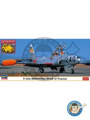 <a href="https://www.aeronautiko.com/product_info.php?products_id=52116">2 &times; Hasegawa: Airplane kit 1/72 scale - Lockheed T-33A "Shooting Star" & Tractor -  (JP0) +  (JP0) - plastic parts, water slide decals and assembly instructions</a>