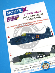 Montex Mask: Masks 1/32 scale - Grumman F6F Hellcat 3 / 5 - May 1954 (FR1); British Pacific Fleet, Task Force 57, Febraury 1945 (NZ2) 1945 and 1954 - paint masks, placement instructions and painting instructions - for Hasegawa kits image
