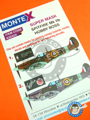 <a href="https://www.aeronautiko.com/product_info.php?products_id=33729">1 &times; Montex Mask: Masks 1/32 scale - Supermarine Spitfire Mk. Vb - July 1941 (GB3); early 1942 (GB3) - paint masks, water slide decals, placement instructions and painting instructions - for Hobby Boss kit</a>