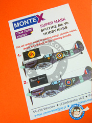 <a href="https://www.aeronautiko.com/product_info.php?products_id=33730">1 &times; Montex Mask: Masks 1/32 scale - Supermarine Spitfire Mk. Vb - October 1941 (GB3); August 1943 (GB3) - RAF - paint masks, water slide decals and painting instructions - for Hobby Boss kit</a>