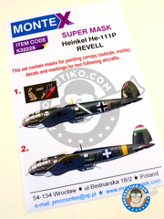 Montex Mask: Masks 1/32 scale - Heinkel He 111 P-1 - Spring 1940. (DE2); Hungarian Air Force, Poltava, January 1943. (HU6) - paint masks, water slide decals, placement instructions and painting instructions - for Revell kits image