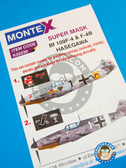<a href="https://www.aeronautiko.com/product_info.php?products_id=32485">1 &times; Montex Mask: Masks 1/32 scale - Messerschmitt Bf 109 F-4/F-4B - May 1942. (DE2); North Africa, July 1942. (DE2) - Luftwaffe - paint masks, water slide decals, placement instructions and painting instructions - for Hasegawa kits</a>