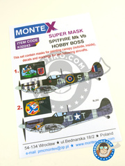 Montex Mask: Masks 1/32 scale - Supermarine Spitfire Mk. Vb - Squadron Leader Bernard Duperier, August 1942 (GB4); August 1942 (US5) 1942 - paint masks, water slide decals, placement instructions and painting instructions - for Hobby Boss kits image