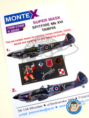 Montex Mask: Masks 1/32 scale - Supermarine Spitfire Mk. XVI - April 1945 (GB4); Germany, Summer 1945 (GB3) 1945 - paint masks, water slide decals, placement instructions and painting instructions - for Tamiya kits image