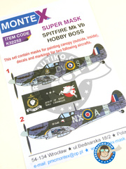 Montex Mask: Masks 1/32 scale - Supermarine Spitfire Mk. Vb - Tangmere, September 1941 (GB3); June 1942 (GB4) - RAF 1941 and 1942 - paint masks, water slide decals, placement instructions and painting instructions - for Hobby Boss kits image