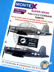 Montex Mask: Masks 1/32 scale - Vought F4U Corsair F4U-1 Birdcage - July 1943. (US5); December 1943 (US7) - , Cherry Point North Carolina 1943 and 1944 - paint masks, water slide decals, placement instructions and painting instructions - for Tamiya kits. image