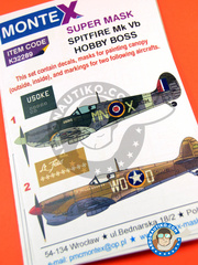 Montex Mask: Masks 1/32 scale - Supermarine Spitfire Mk. Vb - (GB4); La Sebala, Tunisia, June 1943. (US5) 1943 - paint masks, water slide decals, placement instructions and painting instructions - for Hobby Boss kits image