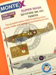 Montex Mask: Masks 1/32 scale - Supermarine Spitfire Mk. VIII - early 1944 (GB4); Italy, early 1944. (GB1) 1944 - paint masks, water slide decals, placement instructions and painting instructions - for Tamiya kit image
