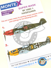 <a href="https://www.aeronautiko.com/product_info.php?products_id=35147">1 &times; Montex Mask: Mscaras escala 1/48 - Messerschmitt Bf 109 E-1 - September 1940 (DE2);  (DE2) - Luftwaffe 1940 - mscaras de pintura, instrucciones de colocacin e instrucciones de pintado - para kit de Hasegawa</a>