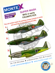 Montex Mask: Masks 1/48 scale - Mikoyan-Gurevich MiG-3 early - Achmer, early summer 1943. (DE2); Russian Air Force (RU4); Russian Air Force (RU2) 1941 - paint masks and painting instructions - for Trumpeter kit image