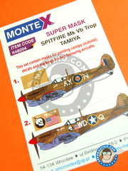 Montex Mask: Masks 1/48 scale - Supermarine Spitfire Mk. Vb - Goubrine, Tunisia, April 1943 (GB4); La Sebala, Tunisia, mid 1943 (US5) - paint masks, water slide decals and placement instructions - for Tamiya reference TAM61035