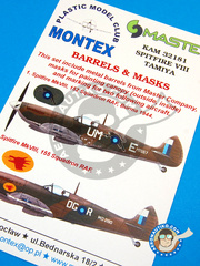 <a href="https://www.aeronautiko.com/product_info.php?products_id=33717">1 &times; Montex Mask: Mscaras escala 1/32 - Supermarine Spitfire Mk. VIII - Burma 1944 (GB5);  (GB5) - RAF - mscaras de pintura, caones de metal torneados, instrucciones de colocacin e instrucciones de pintado - para kit de Tamiya</a>
