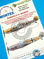 <a href="https://www.aeronautiko.com/product_info.php?products_id=32467">1 &times; Montex Mask: Masks 1/32 scale - Messerschmitt Bf 109 E-3 -  (DE2) - Luftwaffe - paint masks, metal barrels, placement instructions and painting instructions - for Trumpeter kit</a>