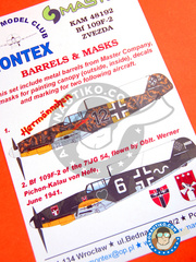<a href="https://www.aeronautiko.com/product_info.php?products_id=32560">1 &times; Montex Mask: Mscaras escala 1/48 - Messerschmitt Bf 109 F-2 - mscaras de pintura, piezas de metal torneado e instrucciones de pintado - para kit de ZVEZDA</a>